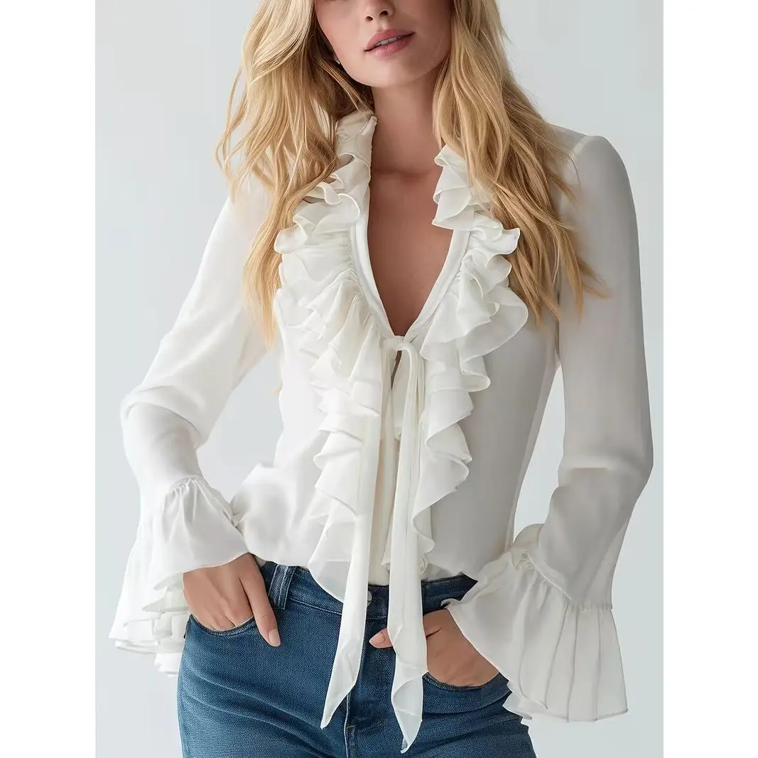Women's Ruffle Blouse - Long Sleeve, Bow Neckline, V-Neck, Flare Sleeve, Stylish Shirts (Bow Neckline Blouses & Shirts), Style, Cute, Elegant, Chic, Blouses For Women, Puff Sleeves