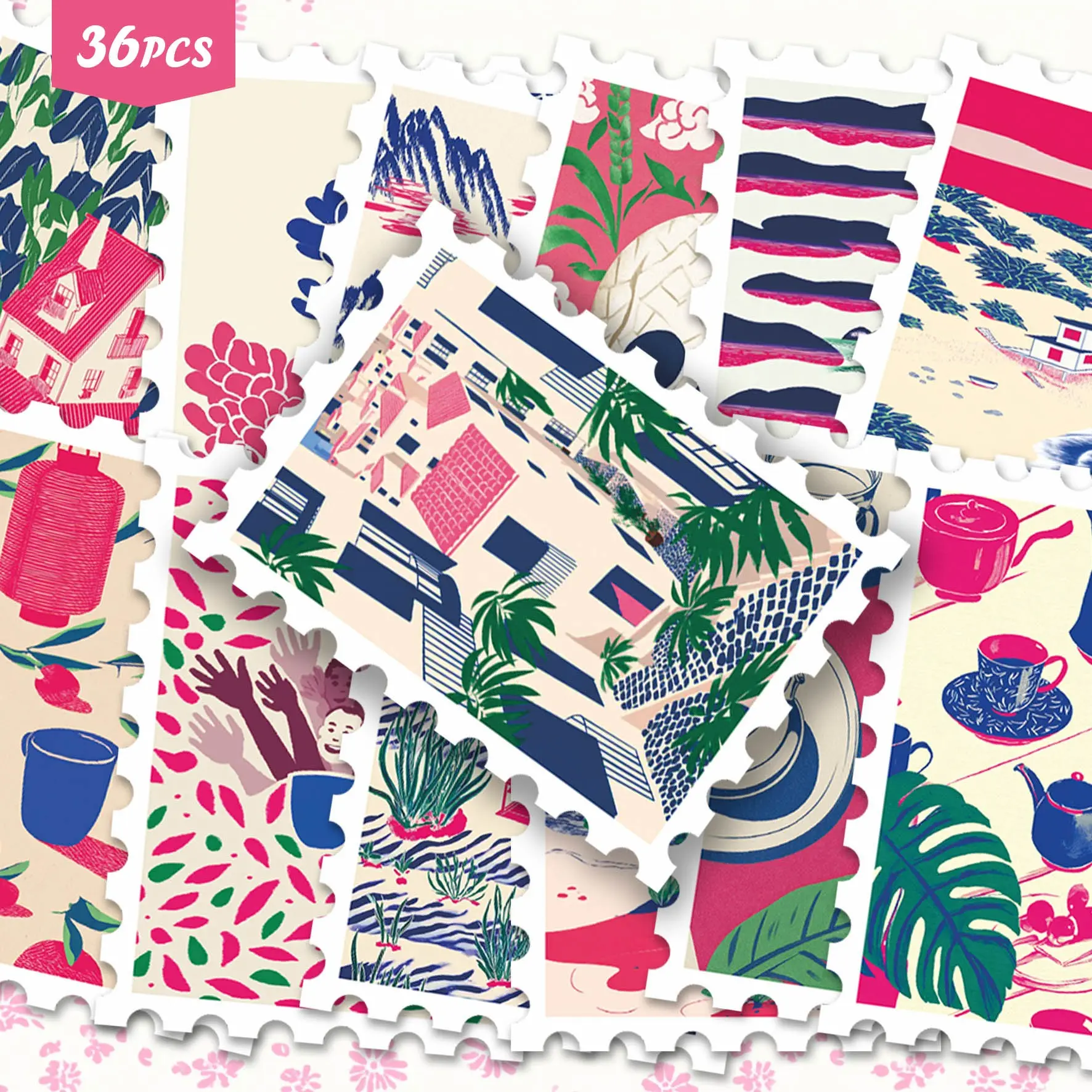 36PCS Tropical Pink Aesthetic Stickers Set, Vibrant Summer Lifestyle Scrapbook Stickers, Modern Botanical Journal Ephemera Pack for Planner Laptop Water Bottle Decor