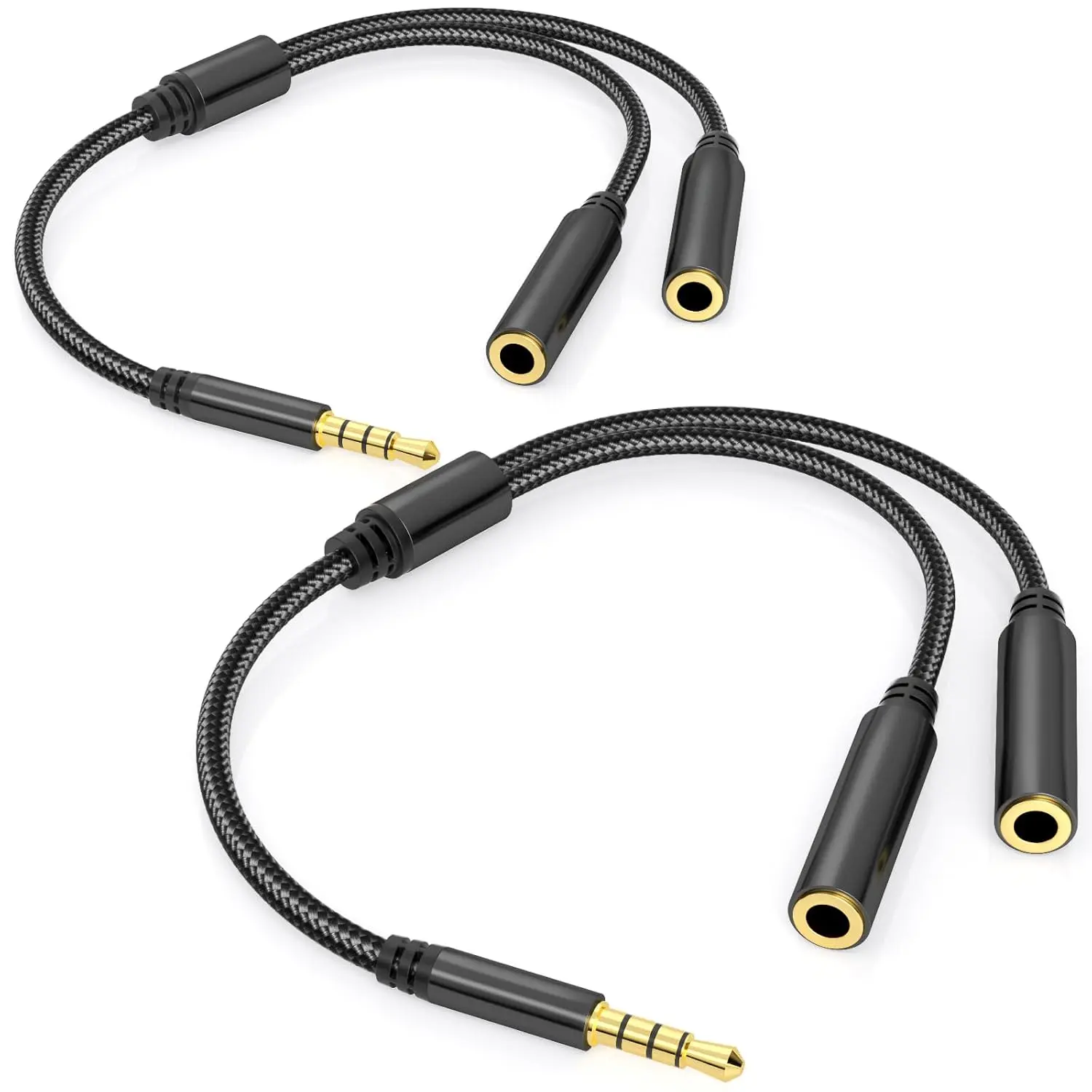 3.5mm TRRS Splitter for 2 Headphones 1FT 2-Pack,  Support Audio & Mic, 3.5 mm Aux Jack  1 in 2 out, Double 1/8" Stereo Female Adapter,Headset Split Y Cord 2 Way for Phone/Tablet/Laptop/PC/MP3