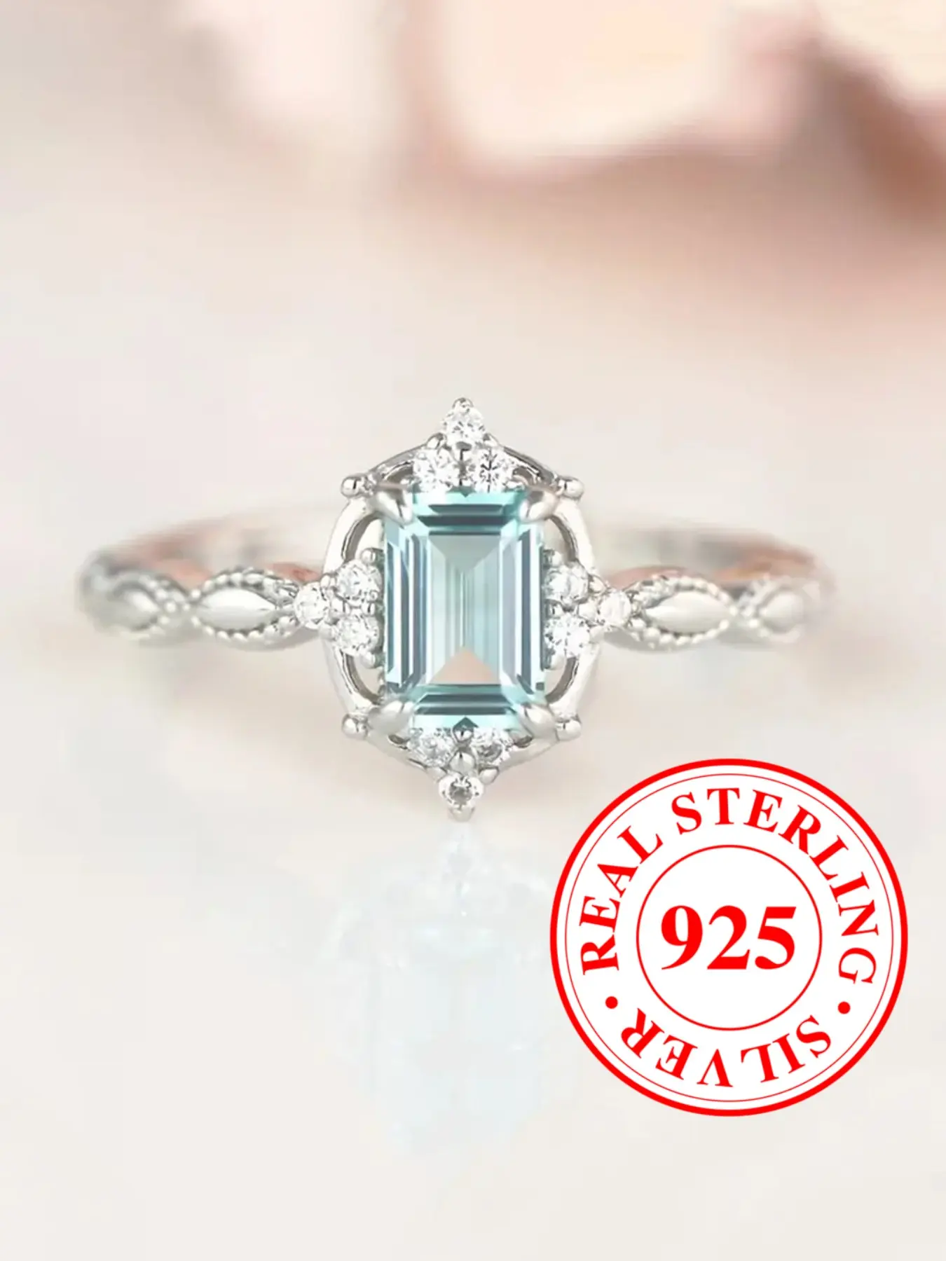 S925 Sterling Silver Ring Aqua Blue Synthetic sapphire geometric design engagement ring, stackable promise ring for women & girls, minimalist style, anniversary and Valentine's Day gift（with Box） Beautiful Rings