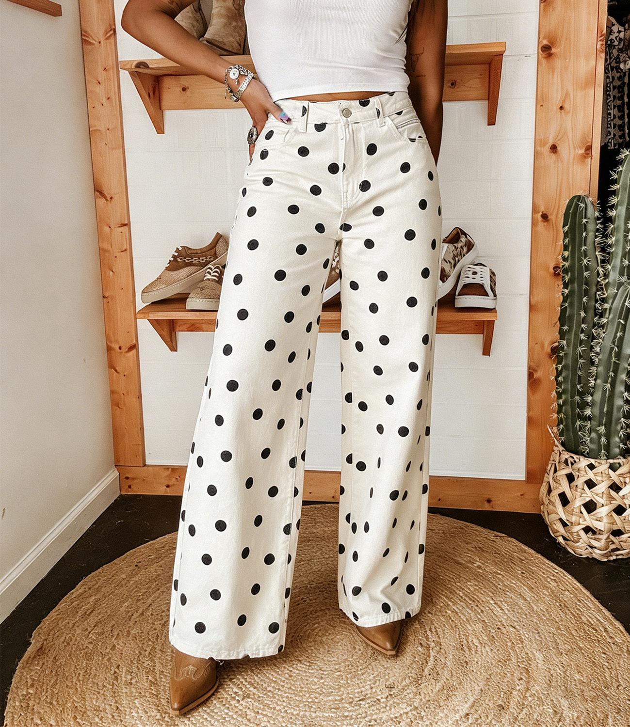 Women's Casual High-Waisted Stretch Polka Dot Wide Leg High Waisted Retro Style Jeans