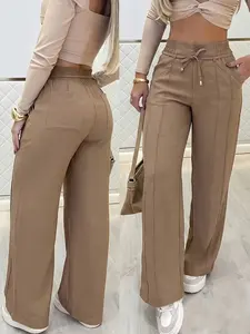 New Summer Drawstring High Waist Wide Leg Pants, Straight Leg Floor-Length Casual Wear, Versatile and Stylish Bottoms for Everyday Use
