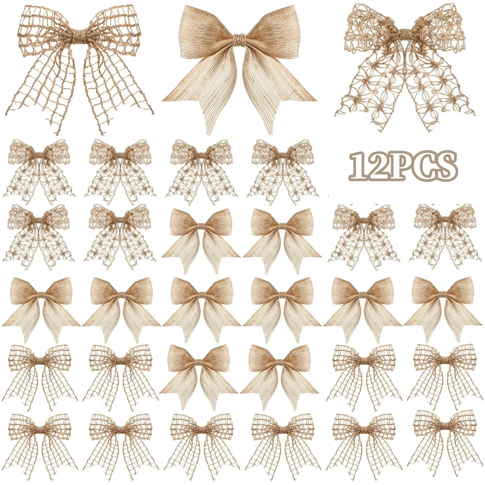 12pcs Bohemian Burlap Bowknots, Handmade Braided Bows, Perfect for Christmas Wreaths, Tree Decorations, Holiday Ornaments