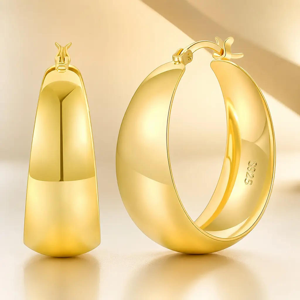 S925 Silver Plated Chunky Hoop Earrings for Women, Gold/Silver Tapered Wide Huggie Hoops, 25-50mm Multi-Size, Hypoallergenic Lightweight Hoops for Everyday/Party, Trendy Statement Jewelry Gift