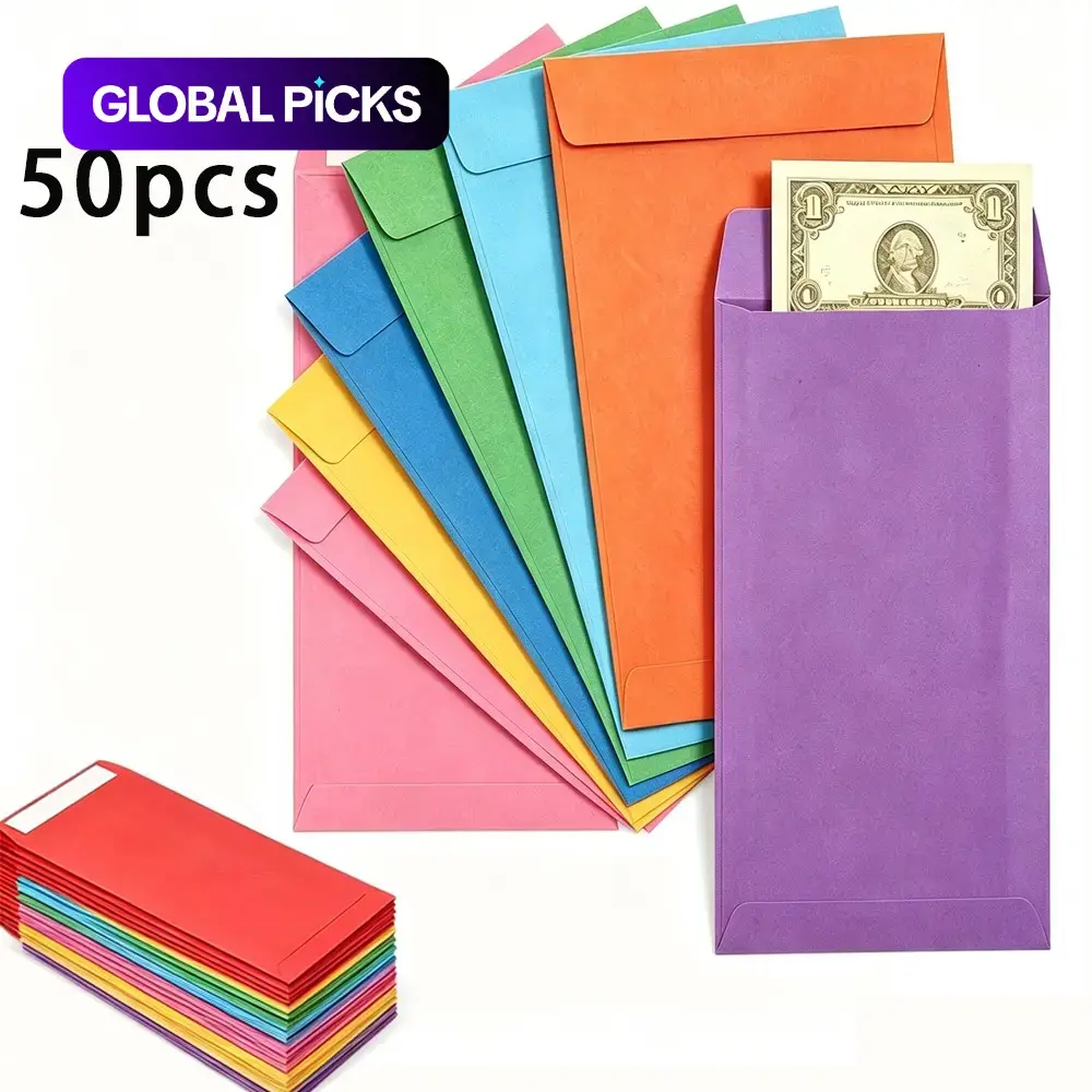 50pcs Thick Self-Seal Colorful Cash Envelopes, Colored Kraft Paper Envelopes for Wages, Savings, Coins, Bills, Letters, Random Colors #GLOBAL PICKS