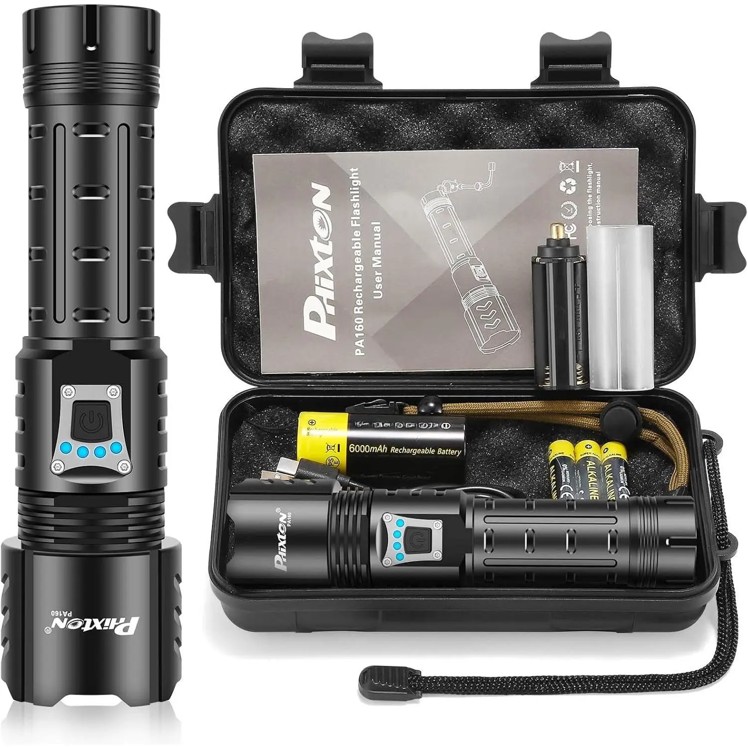 Rechargeable High-Lumen LED Flashlight with 100000 Lumens, 3280FT Range, 15H Runtime, 6000mAh Lithium Ion Battery, 1x USB-C Port, USB Charging, 4-Level Power Display, Adjustable Brightness, IPX7 Water Resistance, Zoomable Heavy-Duty for Camping, Hiking