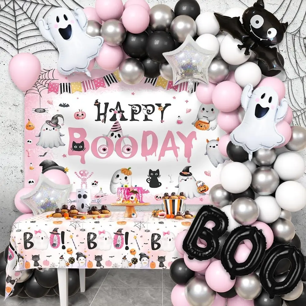 112 Piece Halloween Birthday Party Decor Set, Ghost Theme, Balloon Garland Kit, Tablecloth for Fun Parties