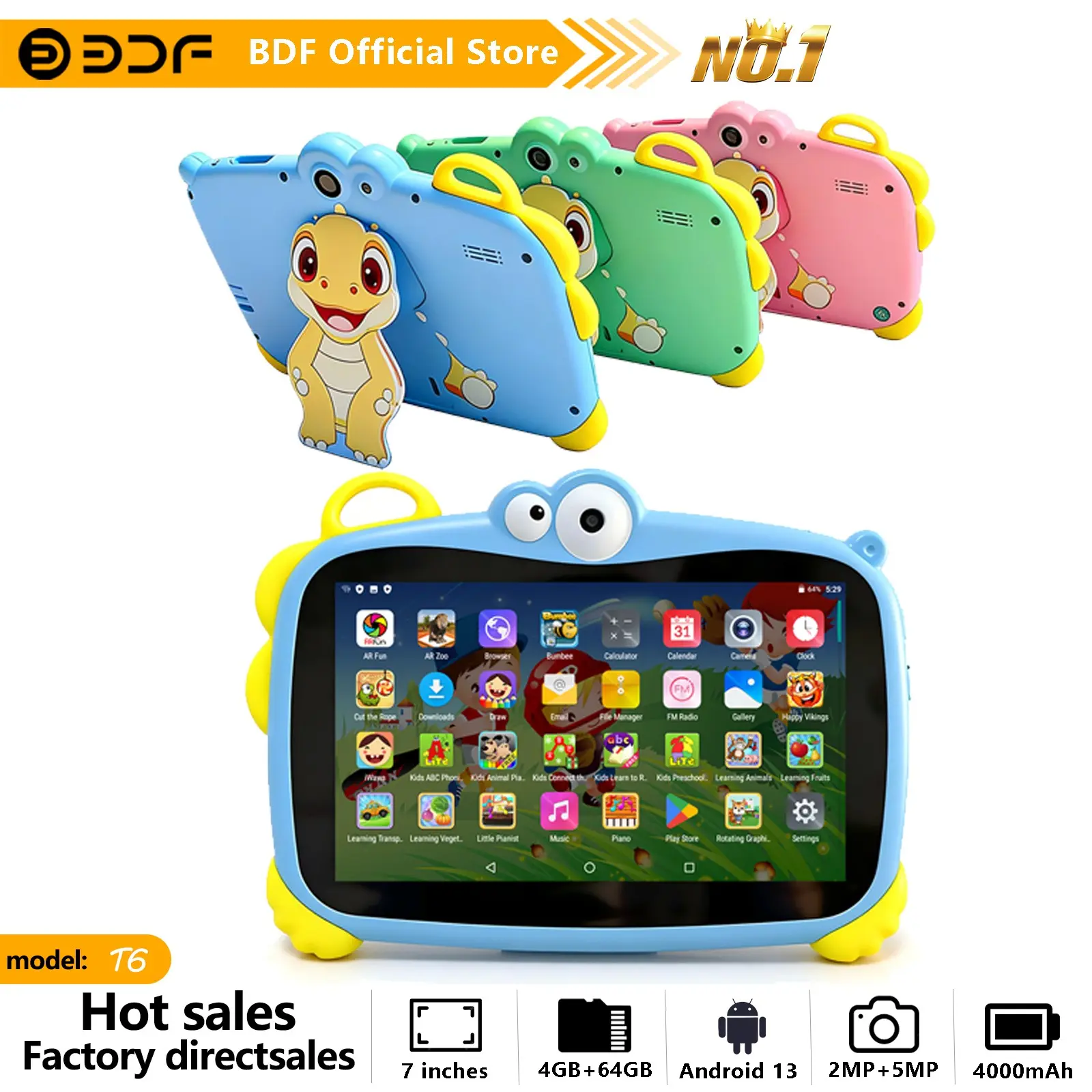 Bdf 7-Inch Android 13 Tablet with Educational Software, USB Charging, Quad-Core Processor, 4GB RAM, HD IPS Display, 64GB Storage, 4000mah Battery