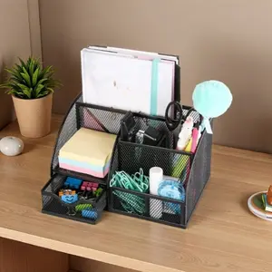 1 pc heavy-duty metal mesh tabletop storage box with drawers and 6 compartments of storage - Black modern office storage box with open mesh tray and spacious drawers for home, school, workshop, kitchen - Rugged A-frame design, space-saving pen, paper