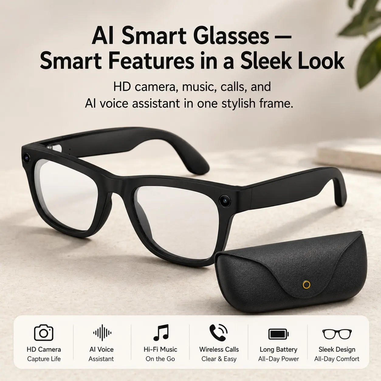 2026 New Wearable AI Glasses Wearable Travel & Outdoor Tech, 1080P Stabilized Video, Portable Charging Case, 2026 AI Smart Camera Glasses, 8MP HD Lens, Voice Control, Bluetooth Calling, Real‑Time Translation