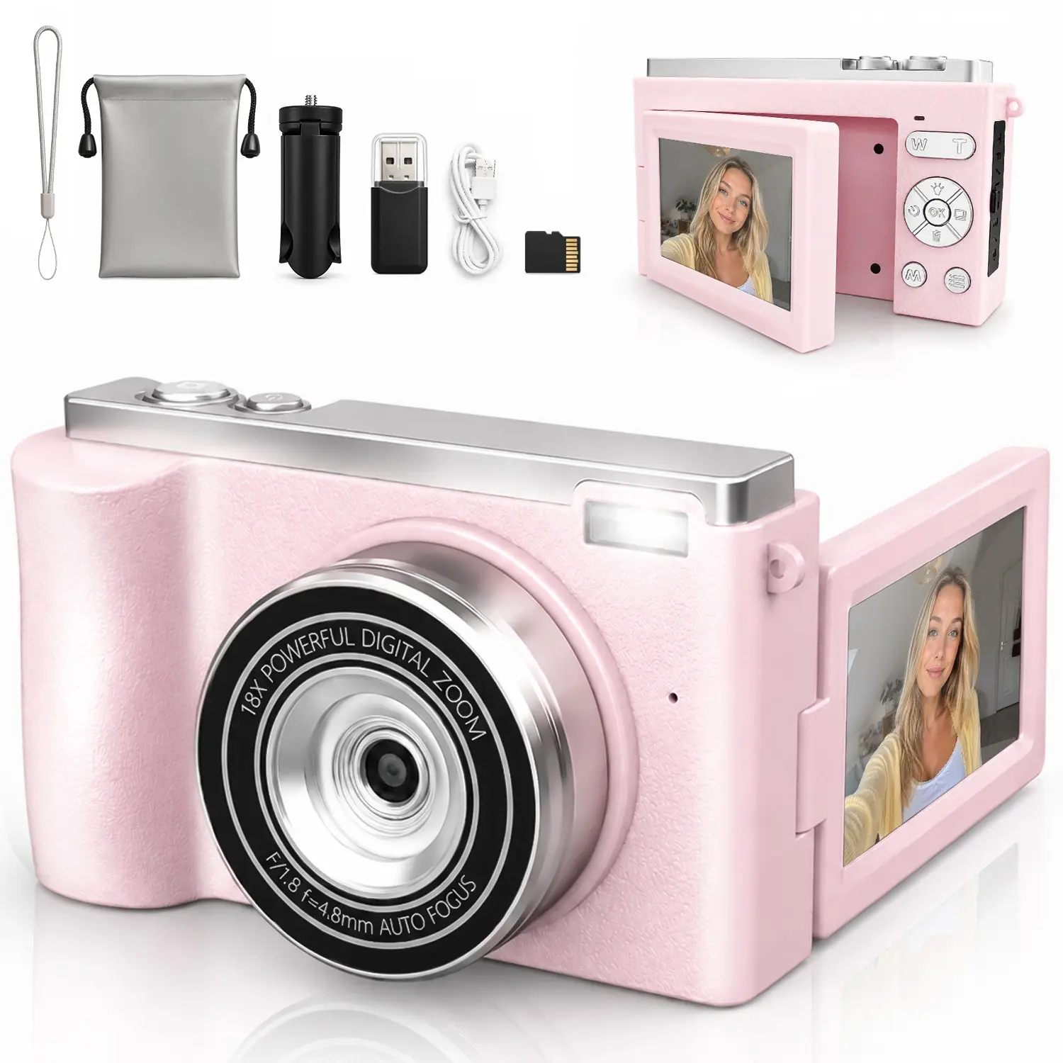 P10 Digital Camera, Video Recording & Focus, 180° Flip Display, Includes SD Card, Tripod, Gift Bag, Ideal for Beginners, Flip Screen Camera, Vlogging Digital Camera
