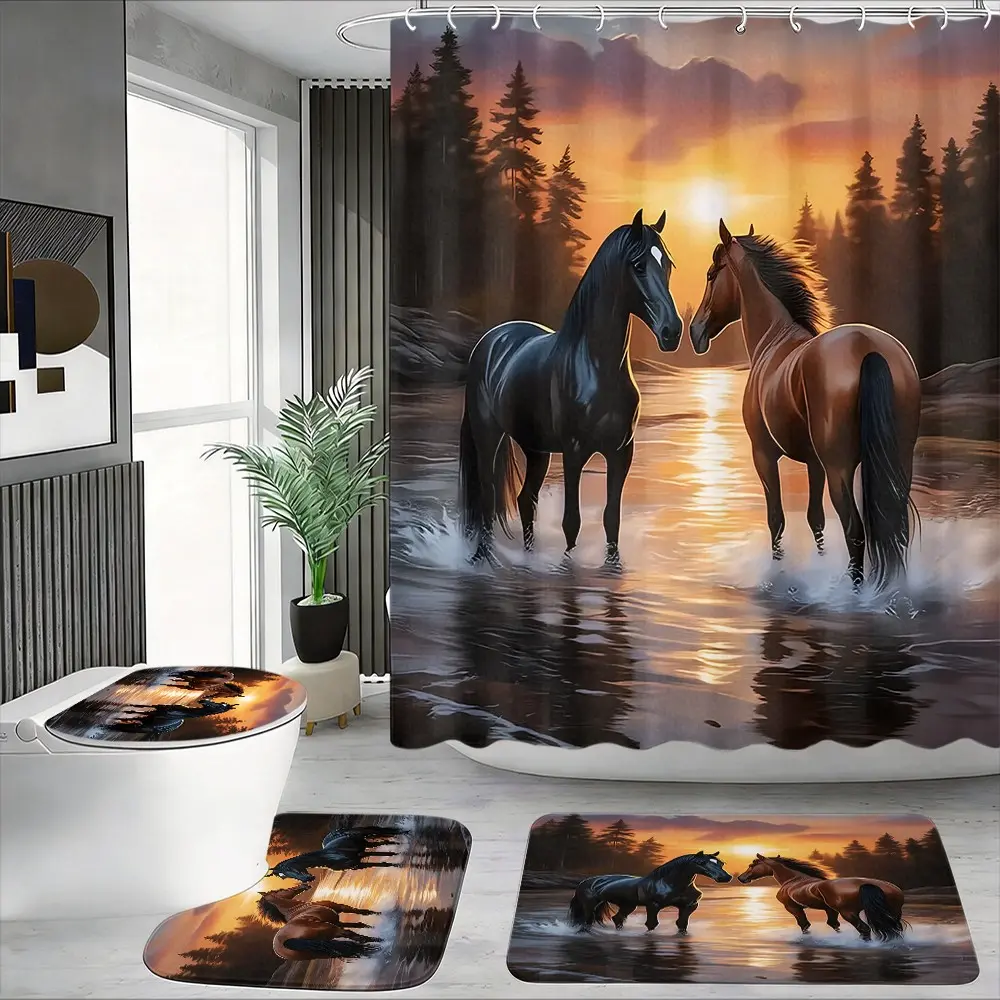 4pcs Sunset Pine Forest Two Horses Standing In Lake Water Reflection Shower Curtain Bathroom Decor Set, Western Wild Animal Landscape Restroom Accessory,The floor mat fabric is thicker and softer!  Thanksgiving Scenic Nature Home Washroom Decoration