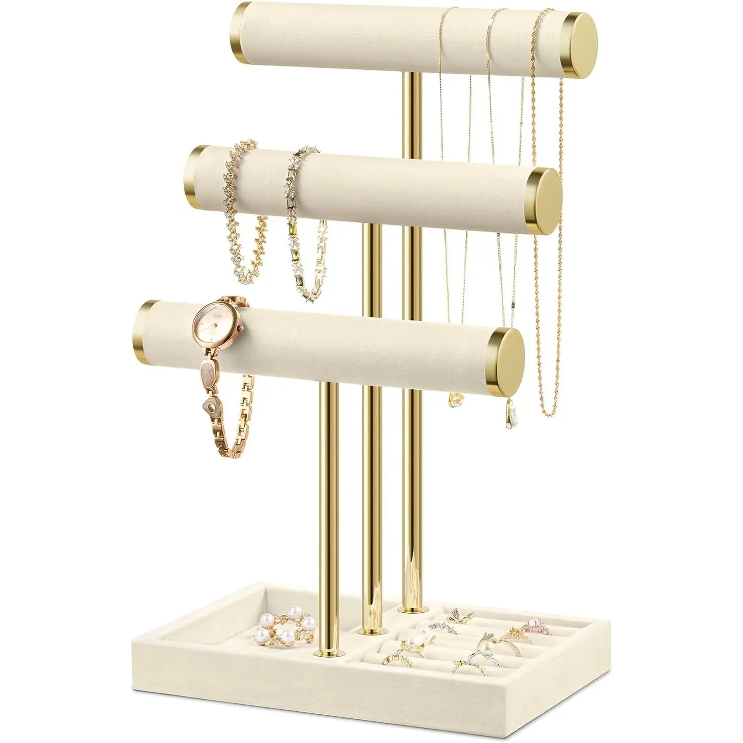 Bracelet Holder Jewelry Organizer Display - 3 Tier T Bar Velvet Stand, Beige Jewelry Storage for Bracelet, Necklaces, Watches