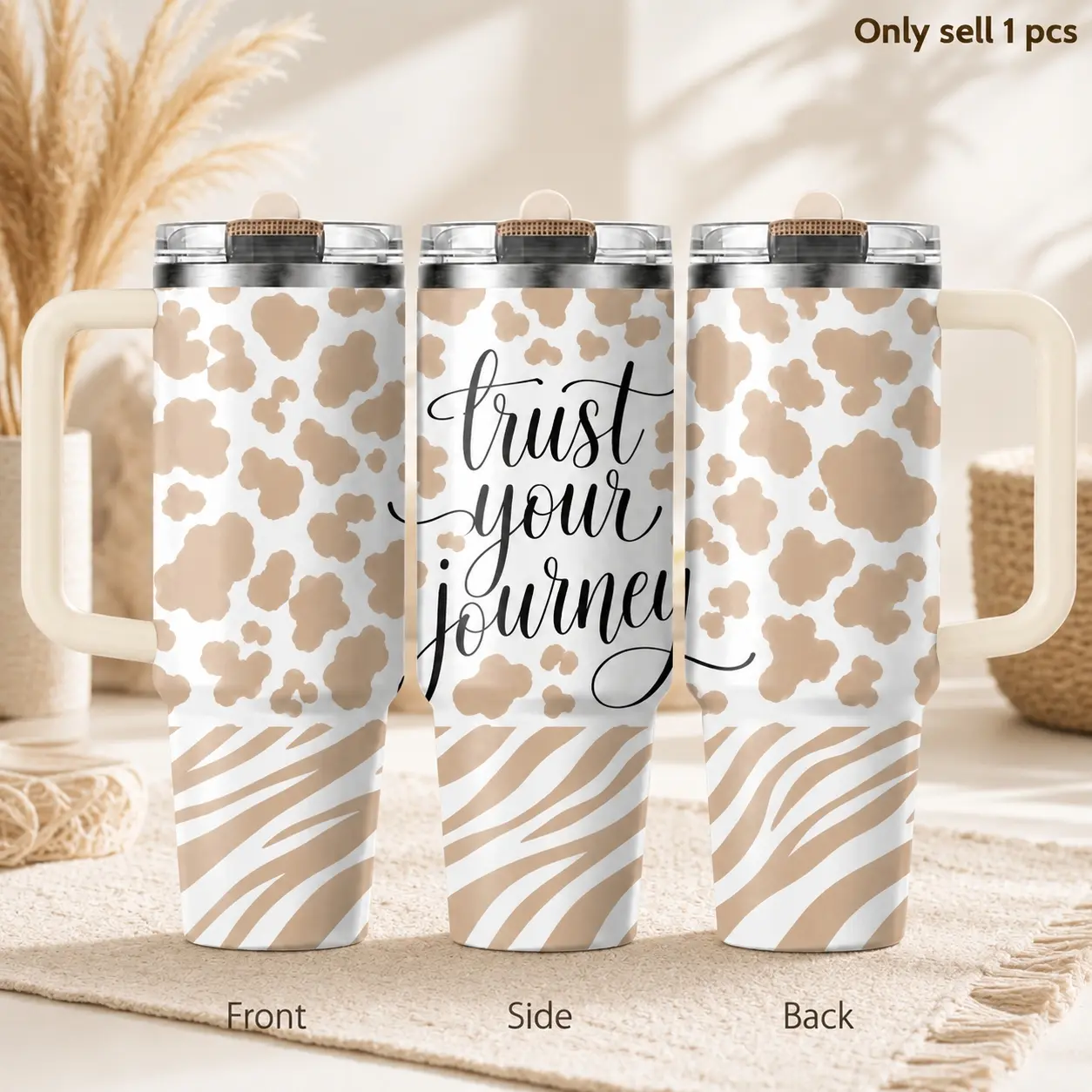 Brown Cow Pattern 40oz Tumbler – Rustic Farmhouse Stainless Steel Insulated Travel Mug with Handle & Straw Lid for Coffee, Water, Ranch Life, Office, Car, Country Animal Lover Gift