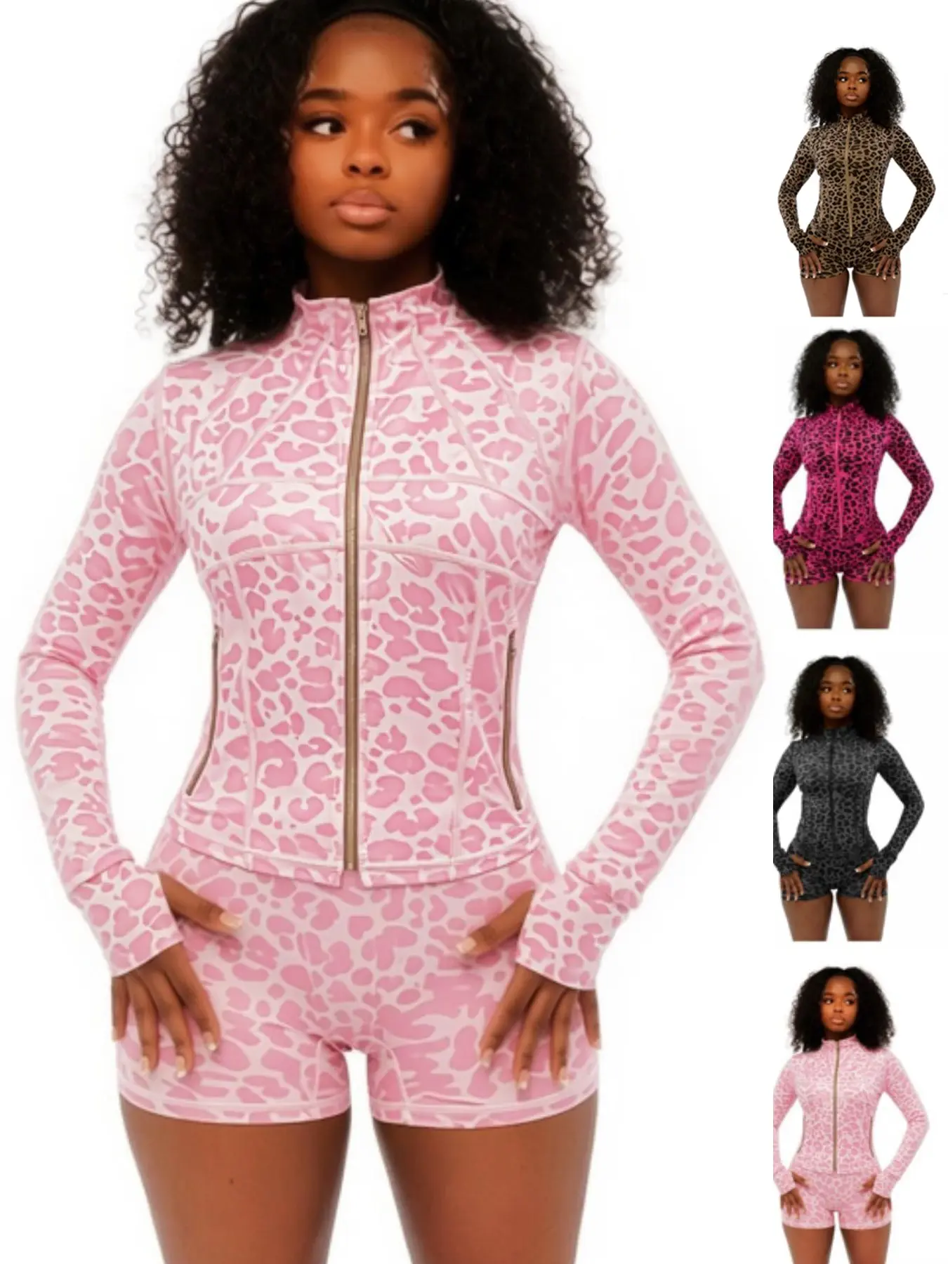 Leopard Print Yoga High Elastic Long Sleeve Zipper Bottom Shorts, Casual Sport Set for Women, 2 Piece, Comfortable and Stylish, Athleisure Workout Set