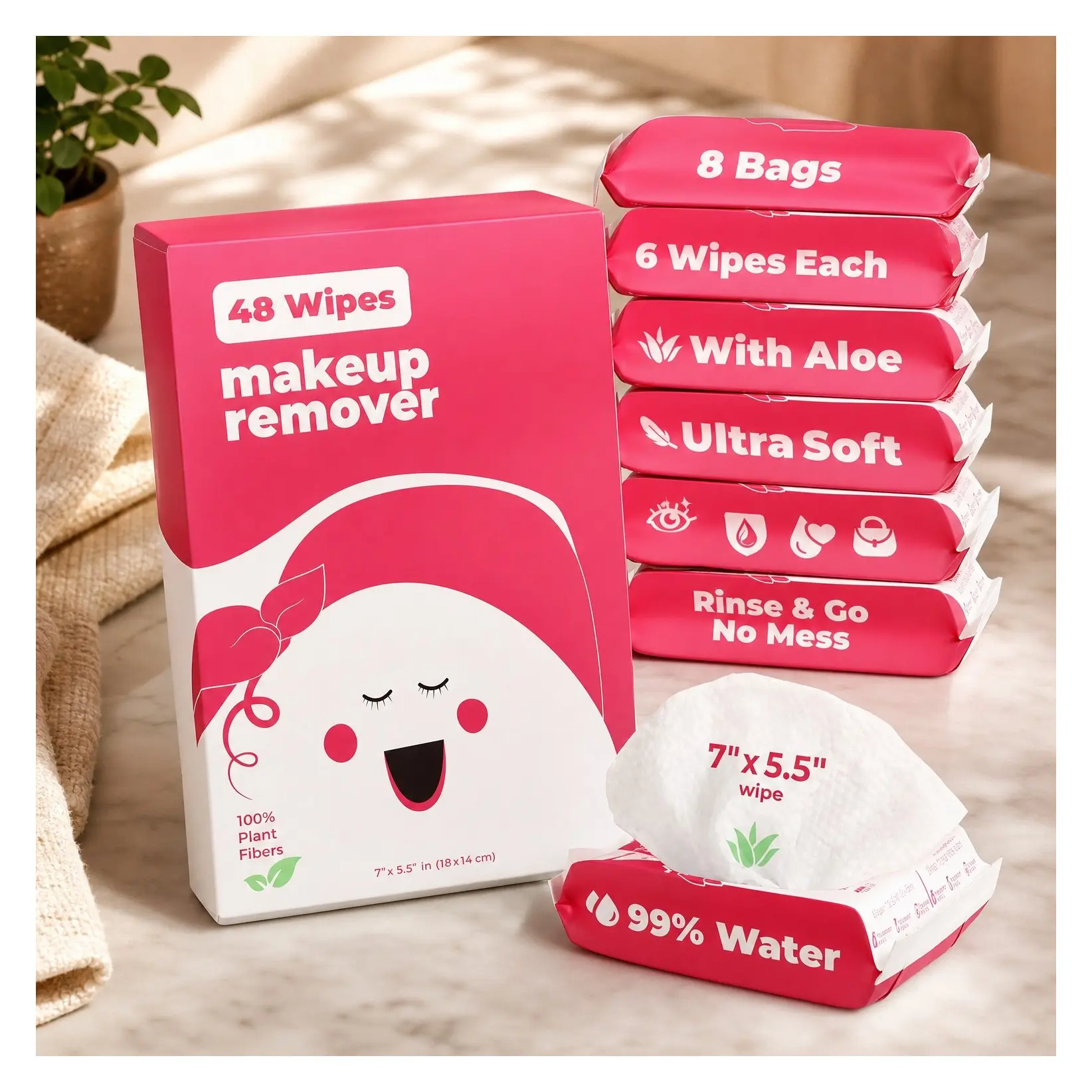 Travel Makeup Remover Wipes - 99% Water & Aloe, Ultra Soft, Safe for Sensitive Skin, Thick & Durable - Scented Travel Essentials for Adults & Teens (8 Pack, 48 Wipes)Gift
