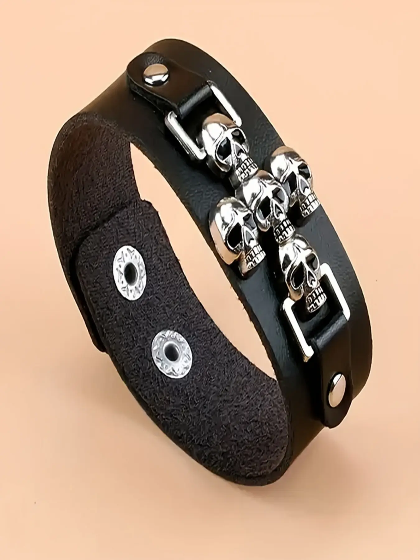 Leather Wrist Bracelet with 5 Silver Color Skull Ornaments, Adjustable Punk Gothic Wristband, Unisex Retro Rock Jewelry for Festivals
