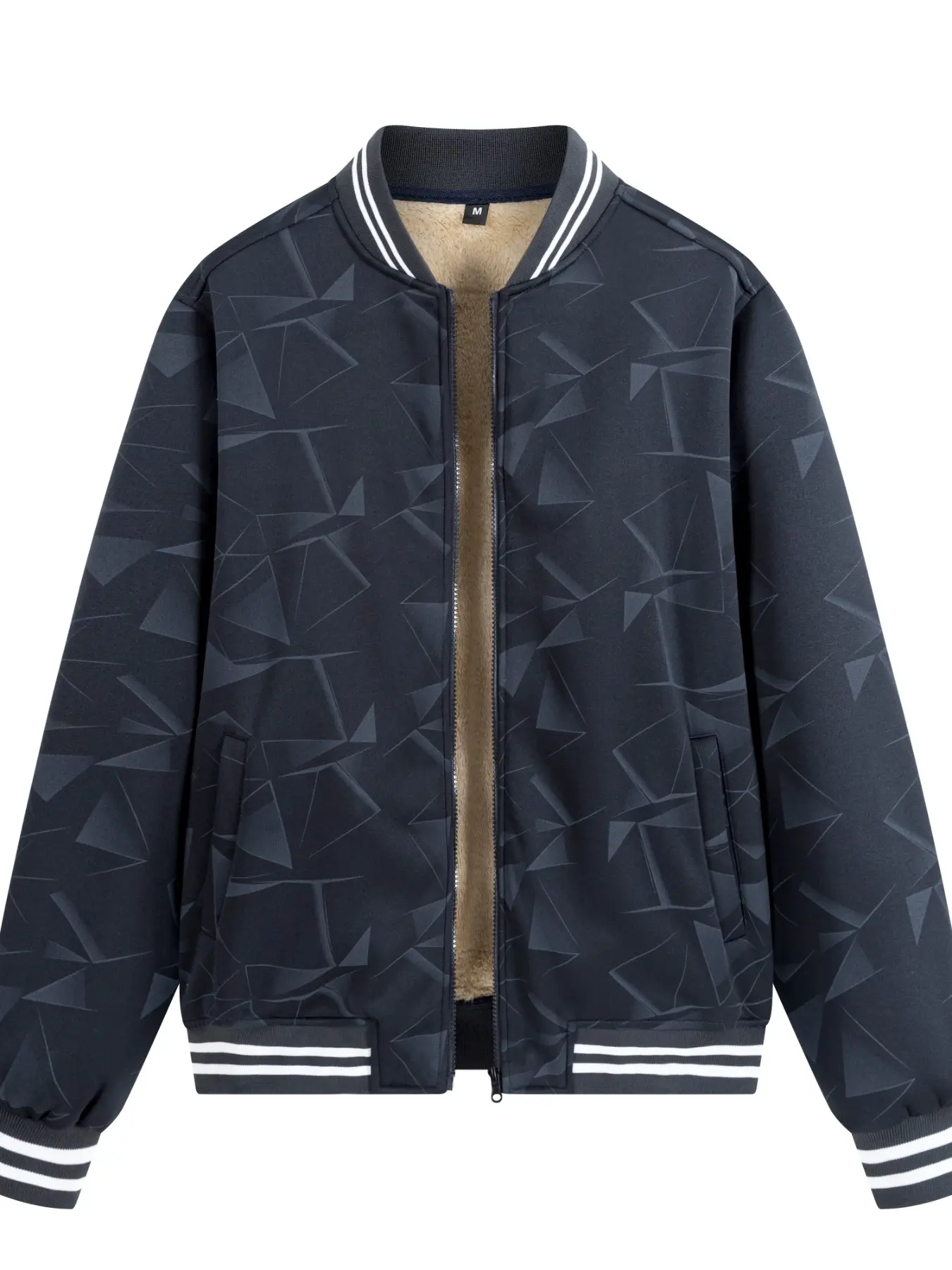 Men's Fall Winter Thick Warm Baseball Jacket, Sheepskin Lining, Striped Ribbed Hem Design, Casual Outerwear for Men