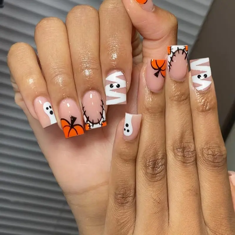 24pcs Halloween Press-On Nails, Pumpkin Ghost Mummy Nail Designs, Medium Length Square Shape, Acrylic Material, Gel Glue & Nail File Included