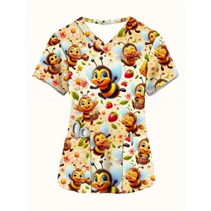 Yudoming Women'S V-Neck Printed Short-Sleeve Nurse Uniform Scrubs