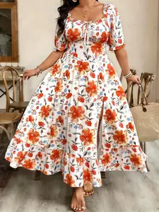 Women's Plus Size Spring Summer Fashion Casual Floral Print Elegant Gathered Dress, Stylish and Comfortable, Perfect for Daily Wear, Everyday