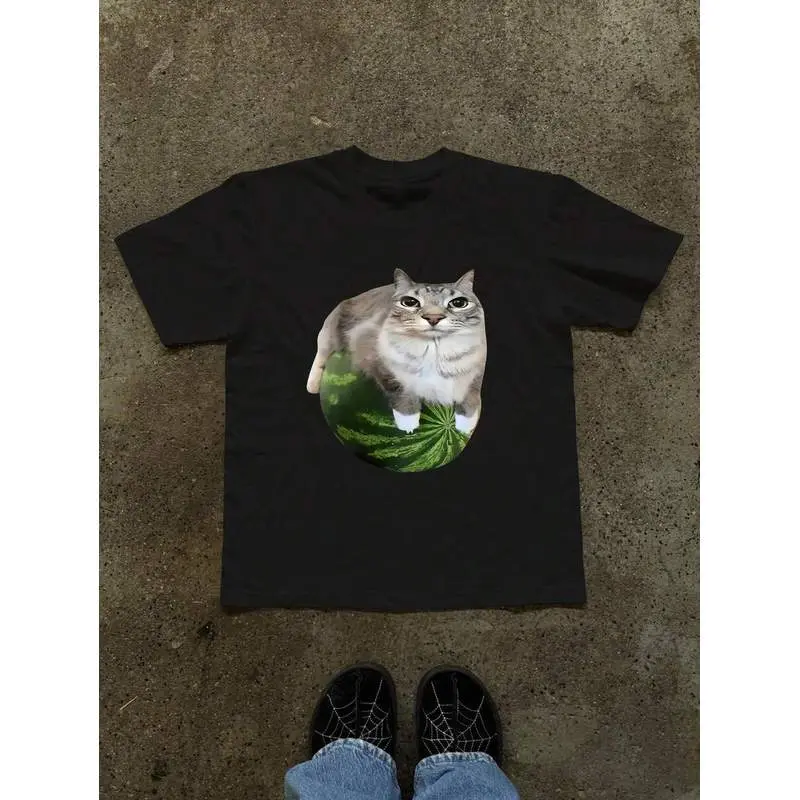 SHEIN Watermelon Cat Fun Expression Graphic T-Shirt, One Piece Of Humorous Watermelon Print Women Tee