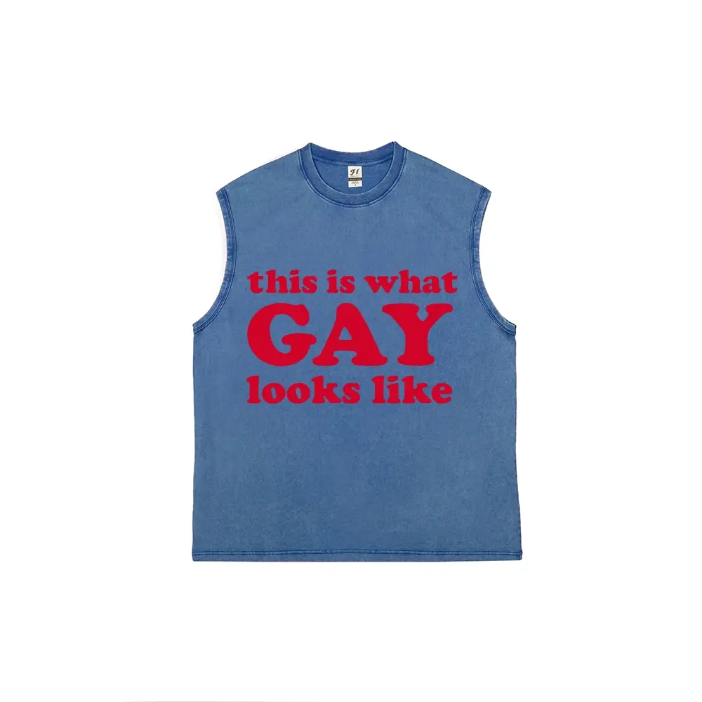 Multi Color Vintage Acid Washed Cut Off Sleeveless Tank Top, This Is What Gay Looks Like Bold Text LGBTQ Pride Graphic Muscle Tank, Statement Queer Pride Casual Summer Streetwear Sleeveless Vest for Men Women Multiple Vintage Washed Color Options
