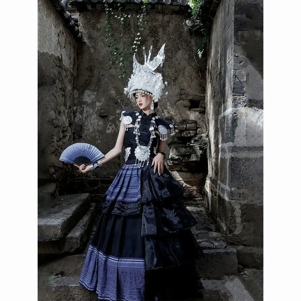 Hmong Miao Women's Adjustable Fit Black Ethnic Dress - Clothes for Stage Performances, Portrait Photo Shoots, Check