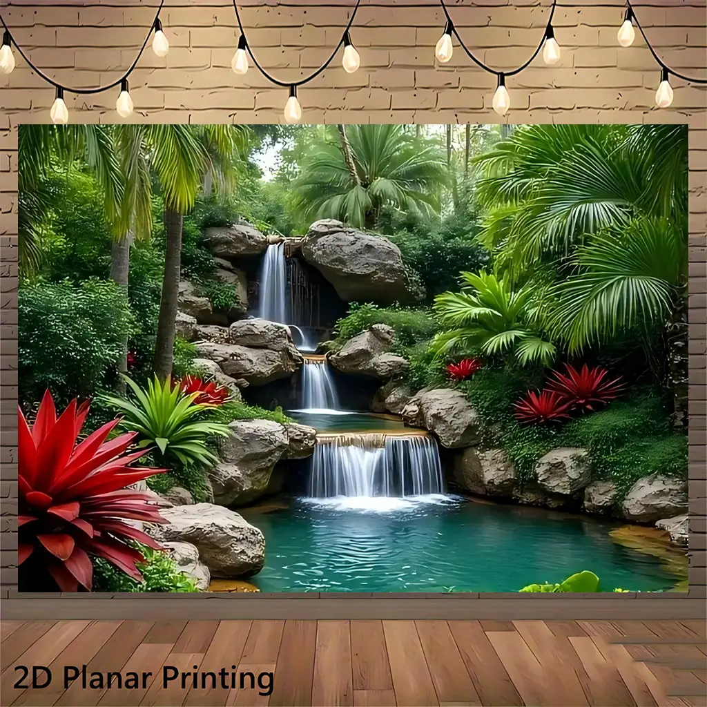 Tropical Garden Waterfall Polyester Tapestry - Nature Forest Wall Banner, Fits College Dorm, Live Streaming Backdrops for Youth Room Aesthetic Home Decor, Polyester Fits