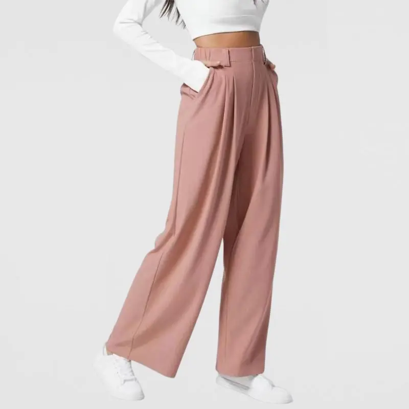 Women's High-Waist Pleated Wide-Leg Work Joggers - Relaxed Cut, Side Pockets, Lightweight Breathable Sport & Outdoor Loungewear for Office, Daily Errands