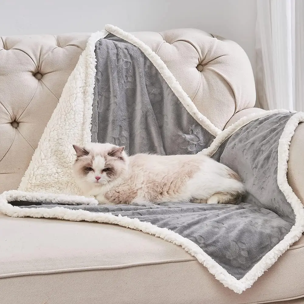 Waterproof Washable Pet Blankets for Cats, Soft Plush Sherpa Fleece Reversible Puppy Throw Protector for Bed Couch Car Sofa, 25"X30", Grey