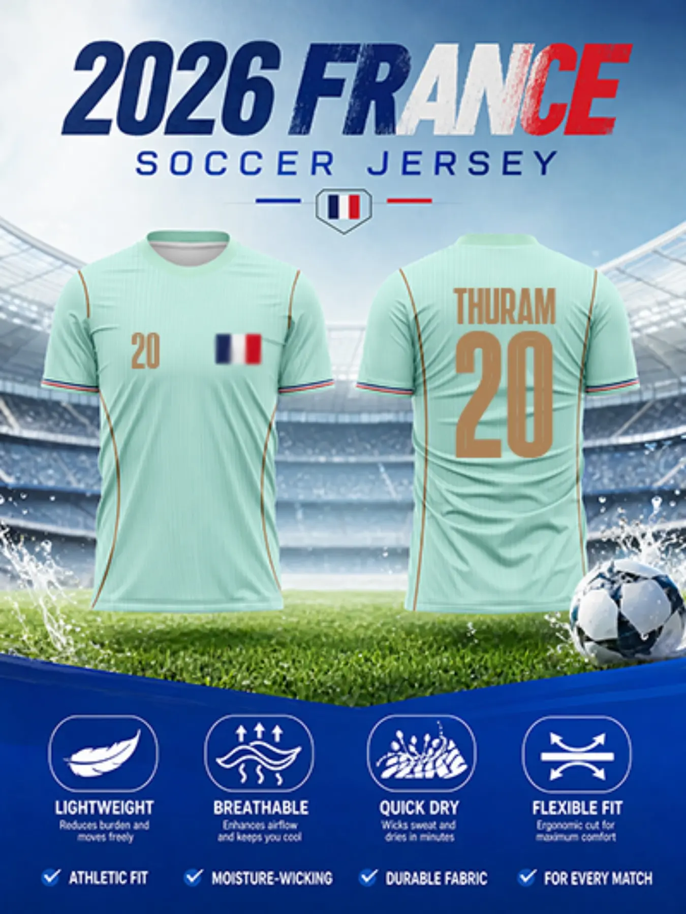 2026 France Away Soccer Jersey, Lightweight Football Jersey, Mint Vertical Stripes, Side Panel, Quick-Dry Mesh, Short Sleeve, Sporty Style, All Seasons