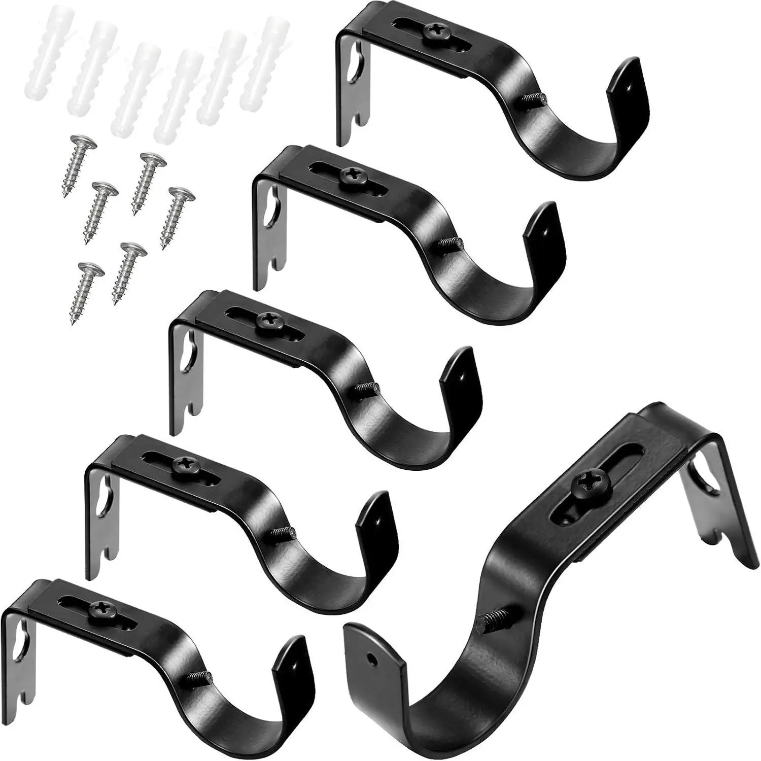6 Pcs Curtain Rod Brackets Holders with Screws, Black | Adjustable Hooks for 1 Inch Diameter Rods, Wall Mount Bracket Hooks with HardwareGift