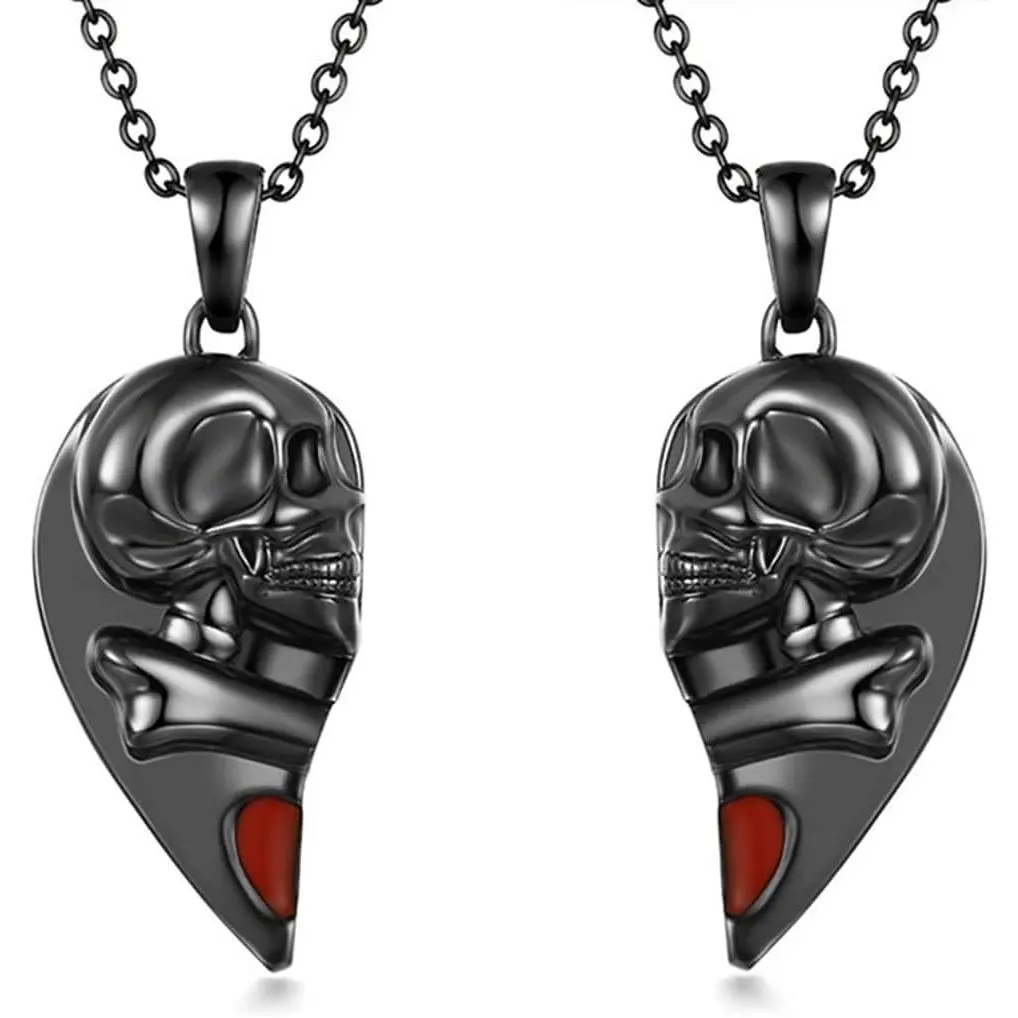 Gothic Couple Necklace for Women Men Punk Style Skeleton Heart Pendant Necklace Couples Matching Necklace Friendship Necklace Couple Necklace for Couples