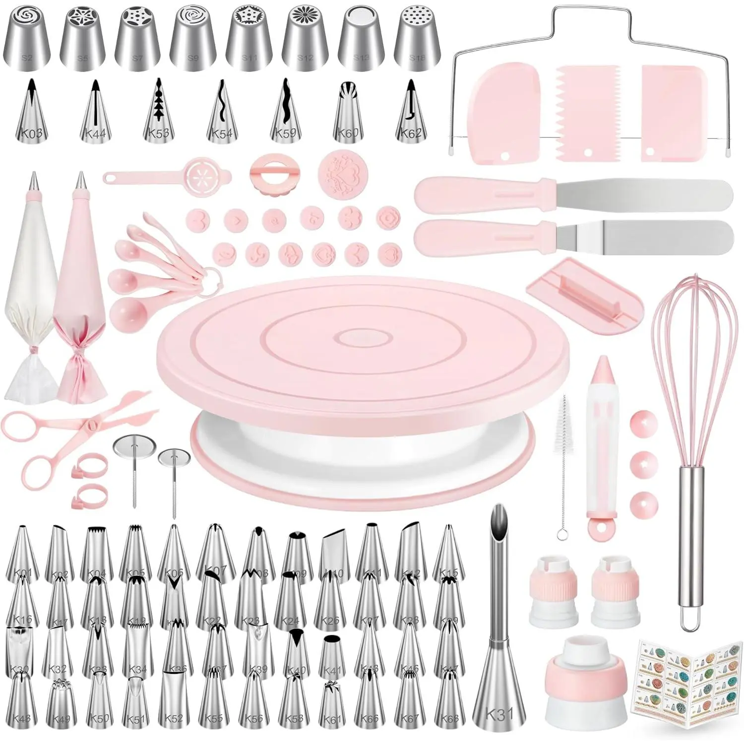 Light Smooth Korean 158PCs Cake Decorating Kit Baking Supplies Tools - Cake Stand Turntable, 64 Icing Piping Tips Set, 2 Frosting Spatulas, 3 Scrapers, 52 Pastry Bags, Coupler, Video Tutorial, Booklet (Wedding Gift Option)