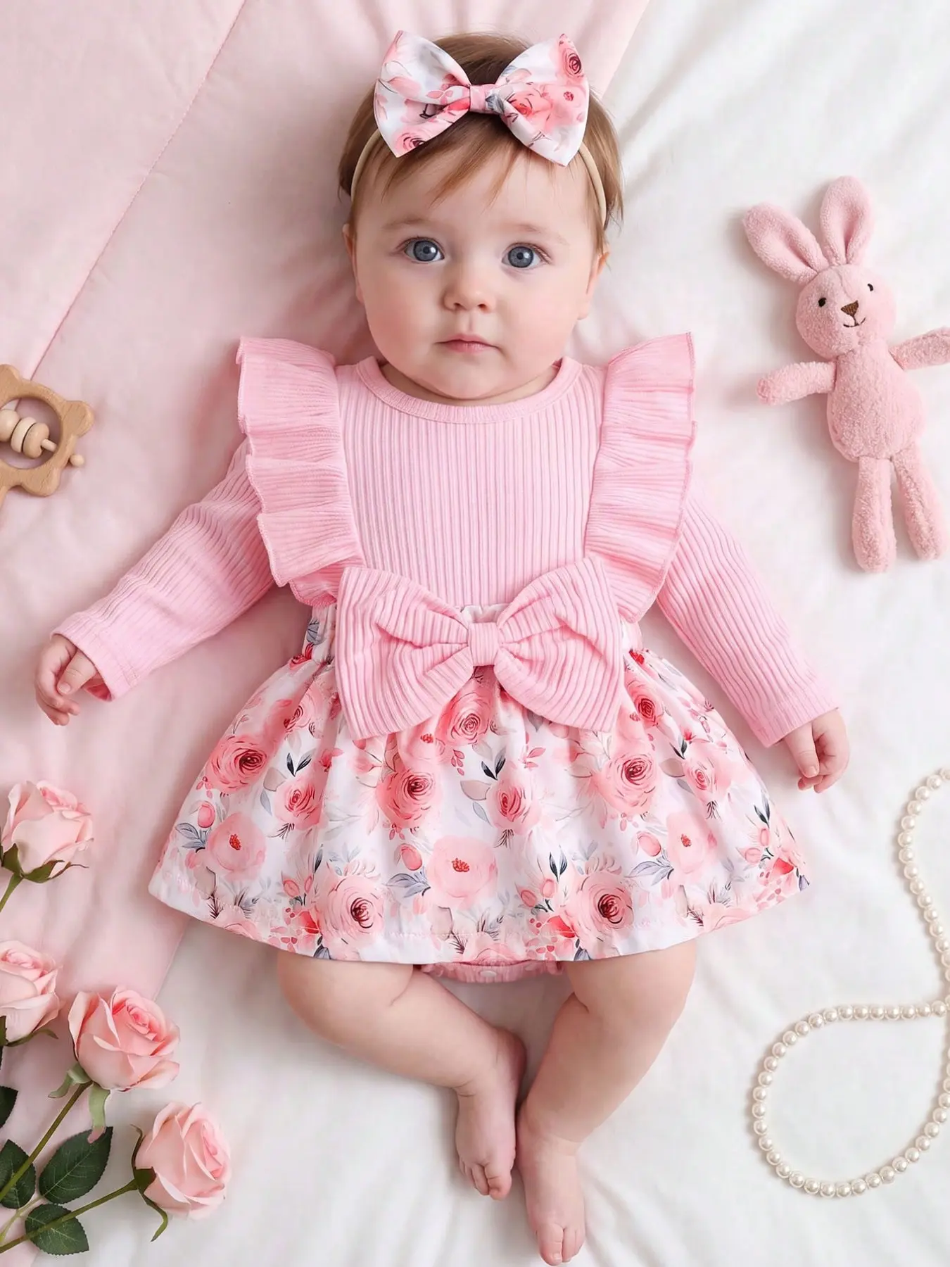 Baby Girl Elegant Jumpsuit Set, Long Sleeve Crew Neck, Floral Print, Snap Closure, Spring & Fall Wear, Includes Hairband