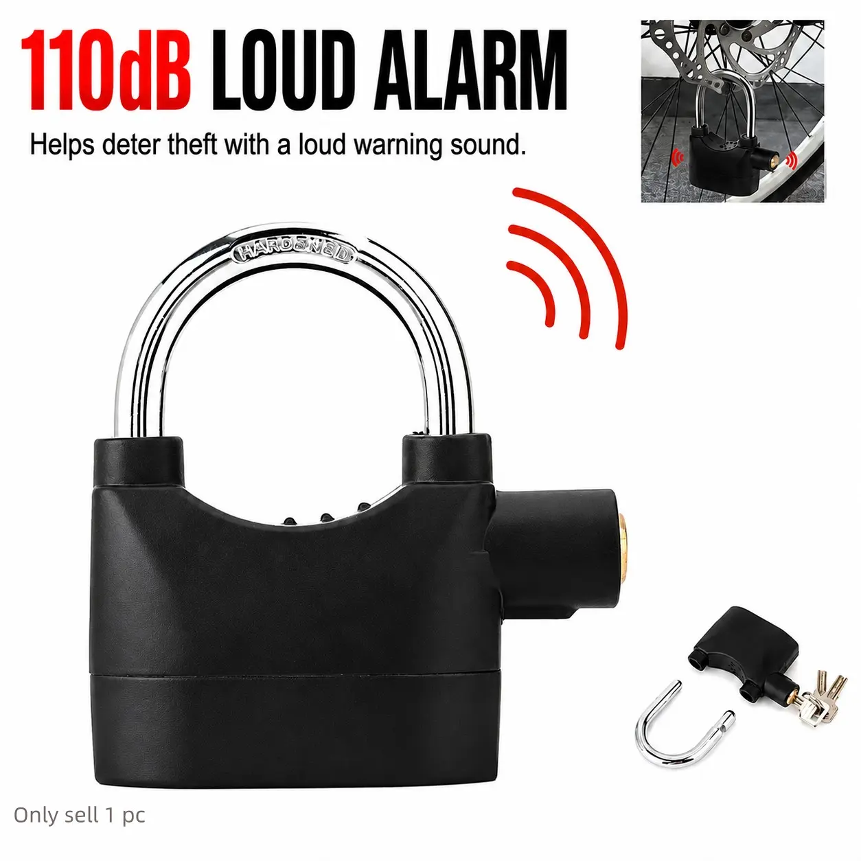 110 dB Alarm Hanging Padlock, Outdoor Stainless Steel Door Lock with Alarm and 3 Keys, High-Security Padlock for Garages, Fences and Storage Units, Heavy Duty Lock, Safety Locks, Motorcycle Alarm Lock, Bike Alarm Lock