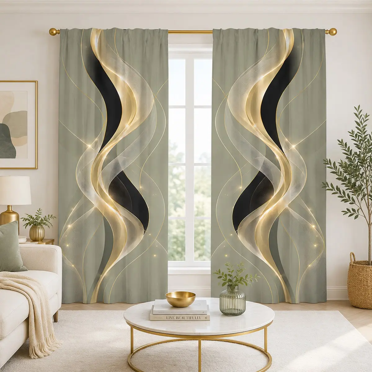 2pcs Gray-green with flowing gold ribbons, semi-blackout curtains. A modern, luxurious, sheer, wave-print fabric curtain made of polyester, suitable for bedrooms, kitchens, studies, cafes, etc. Window Drapes