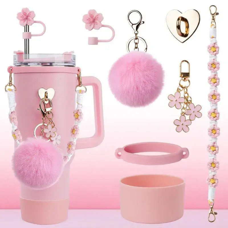 7PCS Cute Cup Decor Accessories Fit for Stanley 40oz & 30oz Tumbler, Silicone Bow Straw Cover, Anti-Scratch Silicone Boot, Decorative Handle Chain, Pom Pom Pendant, Outdoor Camping Gear, Birthday Gift for Her
