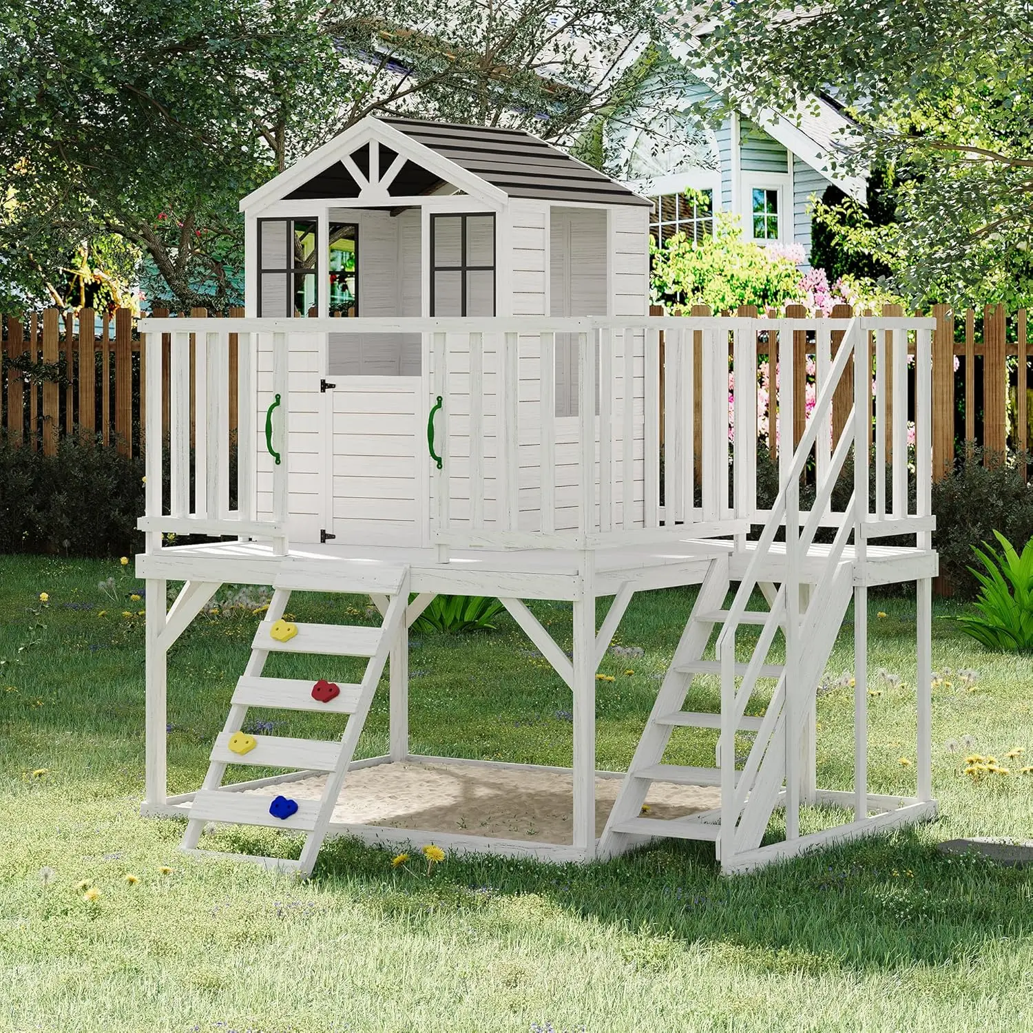 2-Story Wooden Playhouse for Kids – Elevated Outdoor Cedar Playhouse with Climbing Wall, Step Ladder, Modern Design for Backyard Fun