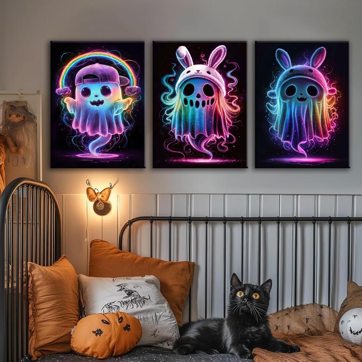 3 Counts Wooden Framed Canvas, Rainbow Ghost Poster, Halloween Home Poster, Halloween Party Decorations, Living Room And Bedroom Hanging Paintings, Horror Theme, Interesting Posters, Exquisite Gifts, High-Definition Art