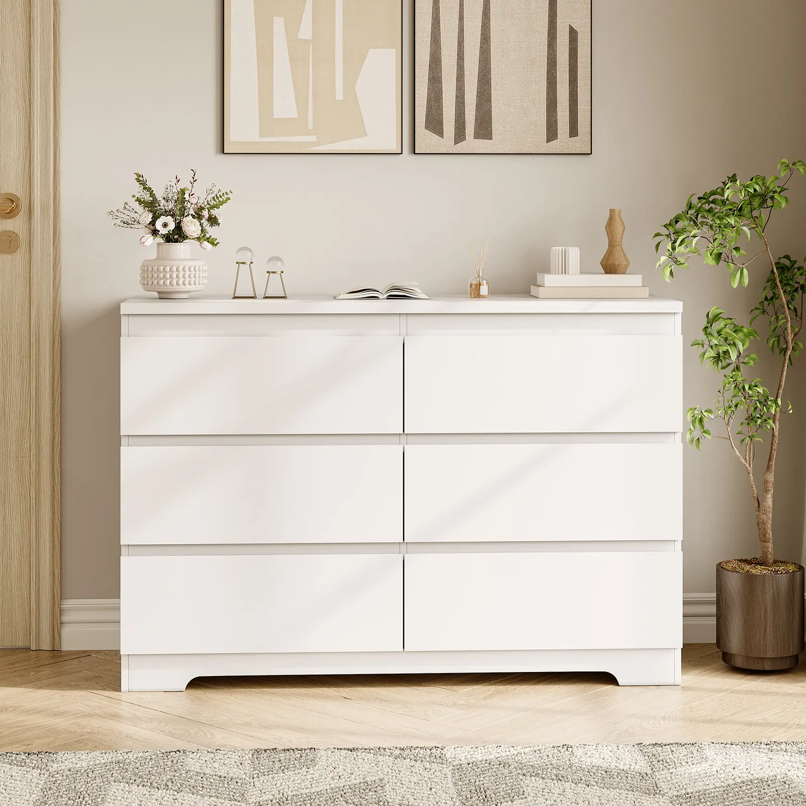 Spacious Modern 6-Drawer Dresser - Wide Wooden Chest for Bedroom, Living Room, Entryway - Double Storage Cabinet Organizer for Clothes, Kids, Girls, Nursery - White/Pink