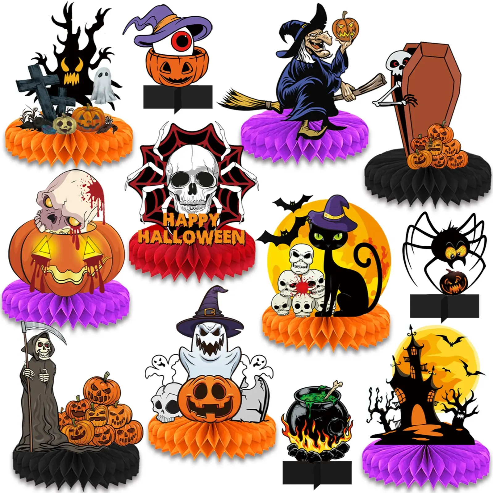 12Pcs Halloween Centerpieces, Halloween DIY Table Centerpieces, Spooky Witch, Skeleton, Pumpkin, Black Cat Table Toppers, 3D Paper Halloween Party Decor, Fall Decor, Halloween Party Supplies, Halloween Home Tabletop Decor
