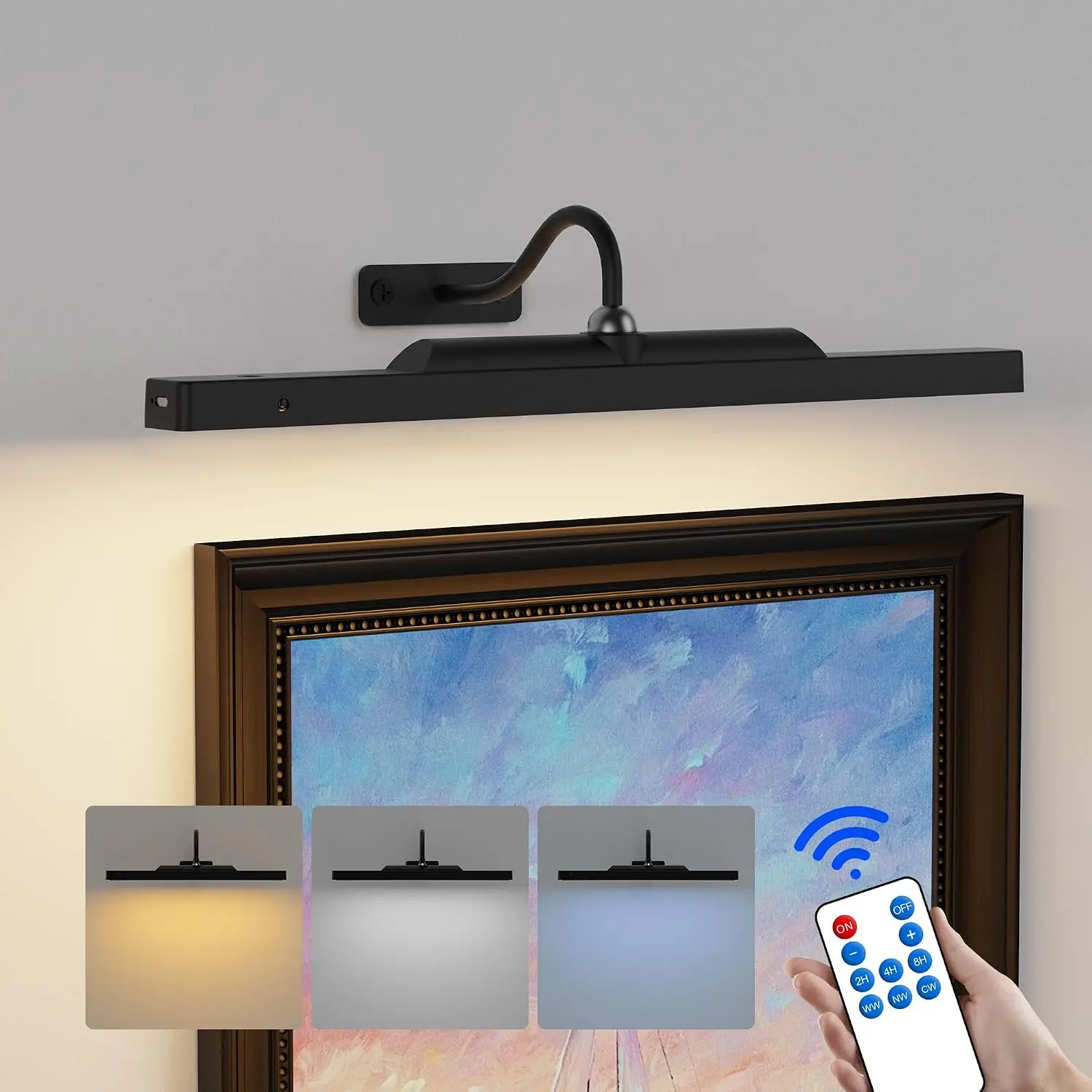 Dimmable Cordless Picture Light for Wall 16in, 5000mAh Rechargeable Battery Wall Sconce Art Light, CRI 95+ 350LM Wall Light for Gallery Artwork, Paintings, Photo,Portraits - Black