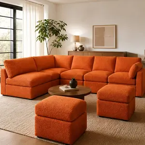 ARCH 107in Modern Boucle L-Shaped Sectional Sofa - 7-Seat DIY Modular Living Room Furniture with 2 Moveable Ottomans, Cloud Couch, Pillows, High-Elastic Sponge, Square Arms, Pillow Back, Orange, Living Room Decor, Furniture Living Room