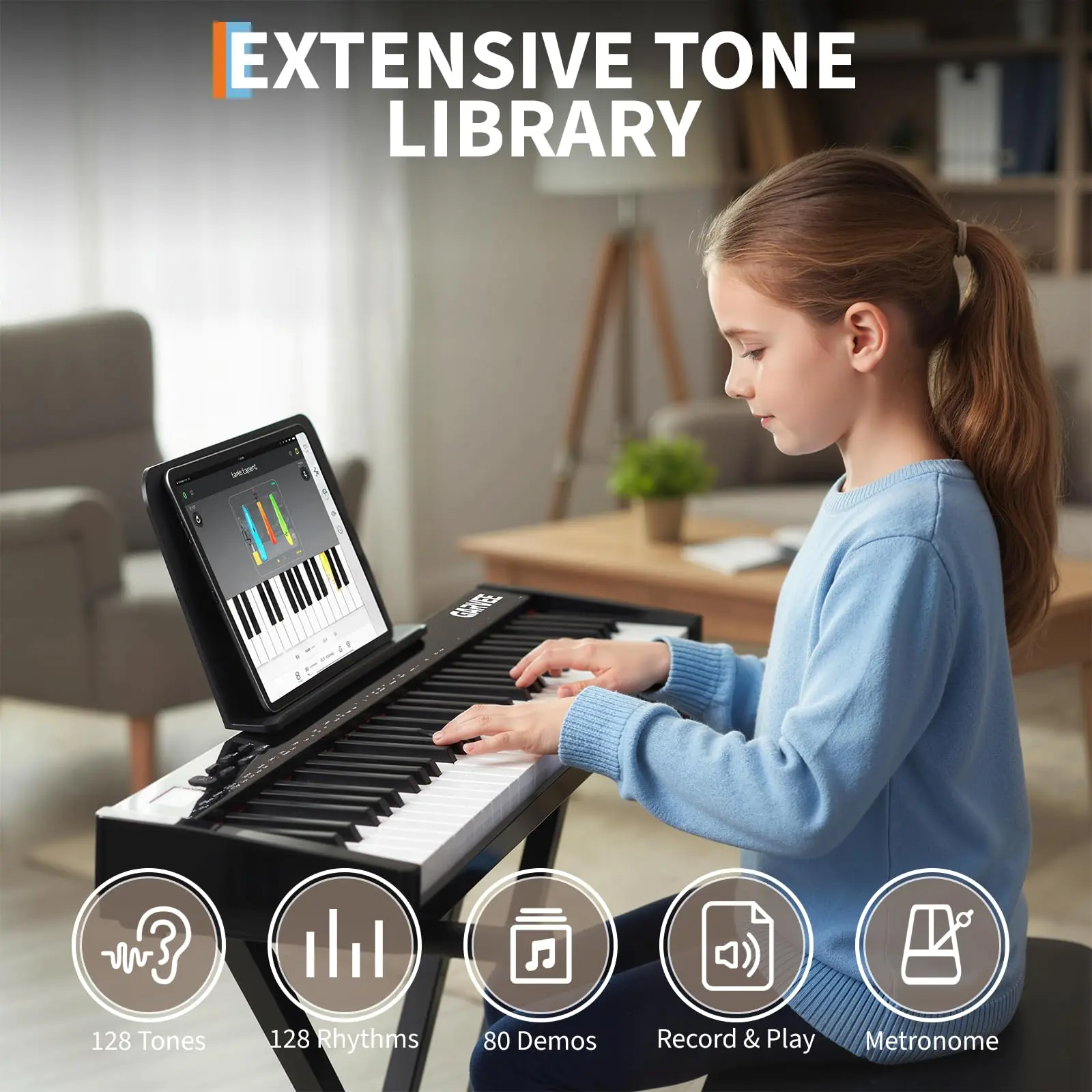61-Key Digital Piano Keyboard – Semi-Weighted, Portable, 128 Tones & Rhythms, 80 Demos, MIDI USB, Stand, Power Adapter – For Beginners & Professionals