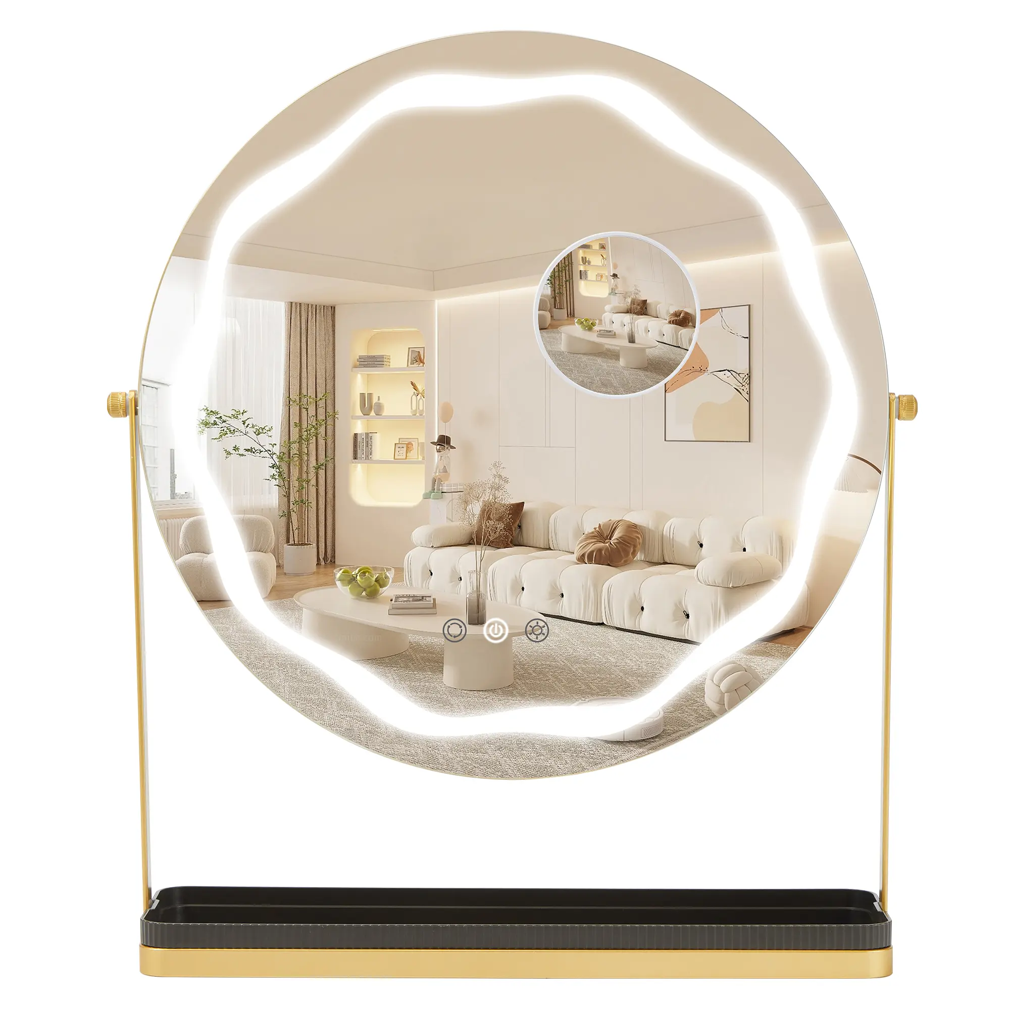 LED Vanity Makeup Mirror with Lights - 19" Large Dimmable 3-Color, 360° Rotatable, Smart Touch, Removable Storage, Enlarging, Gold