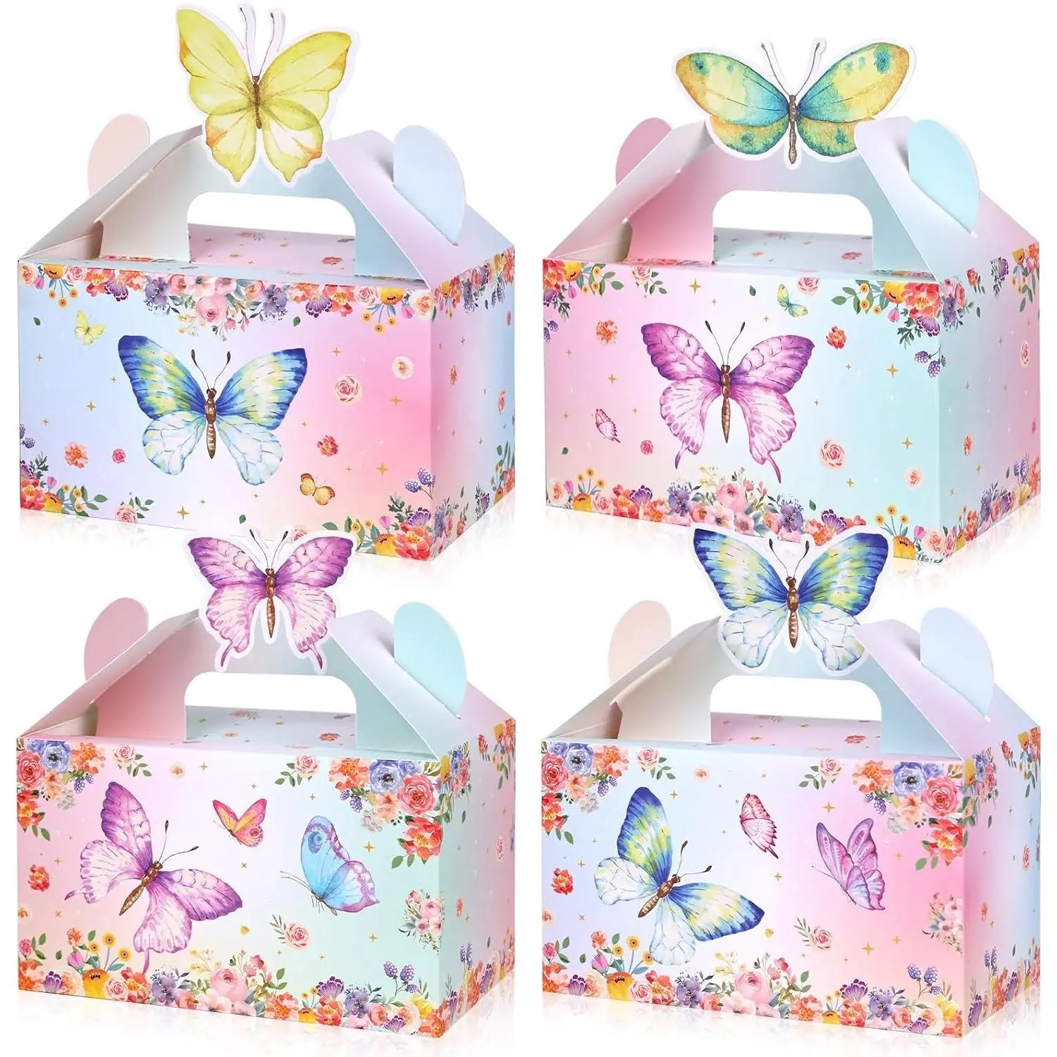 12 Pack Butterfly Party Favor Boxes, 4 Styles, Quick-Fold Paperboard Boxes with Butterfly-Shaped Carry Handles, 6.1 x 3.5 x 3.3 InchesGift