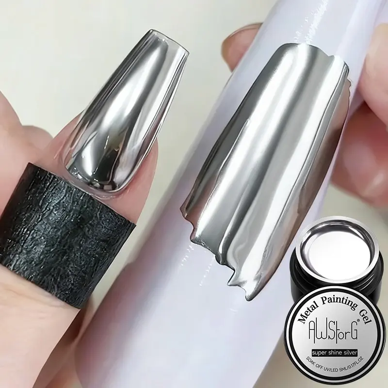 AWStorG 5ML Super Shine Silver Mirror Metal Manicure Nail Painting Gel UV LED Super Gloss Metallic Chrome Effect Drawing Gel Nail Design Gel Nail Polish
