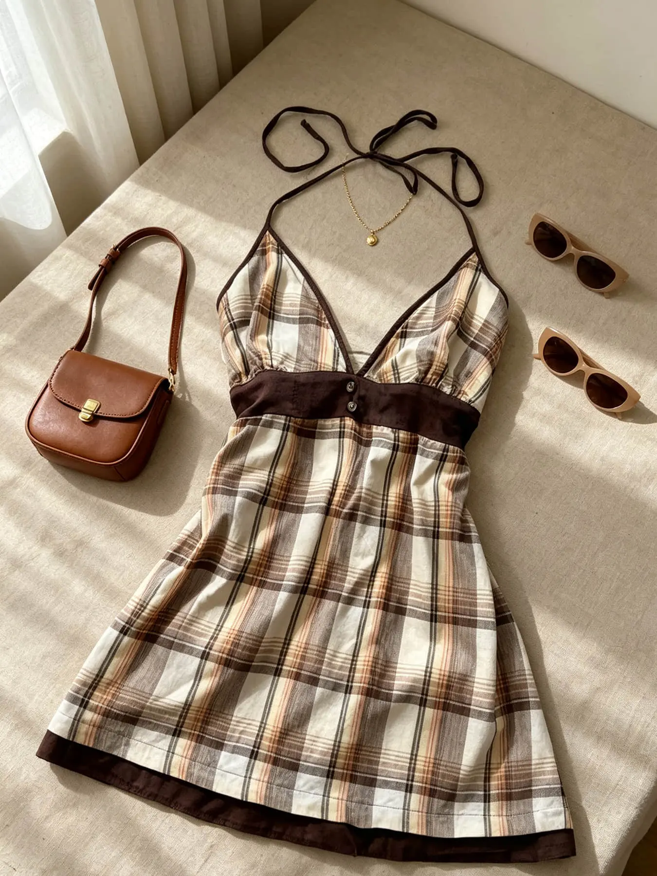 A women's fashionable coffee brown retro plaid hanging neck suspender short skirt with a deep V-neck tie design A-line dress, suitable for commuting indoor and outdoor wear